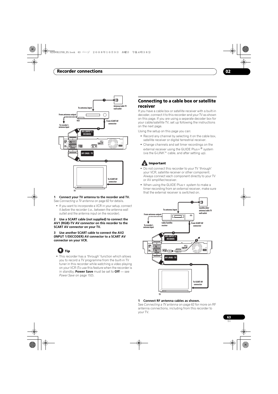 Connecting to a cable box or satellite receiver, Recorder connections 02, Coaxial | Pioneer LX01 User Manual | Page 63 / 182