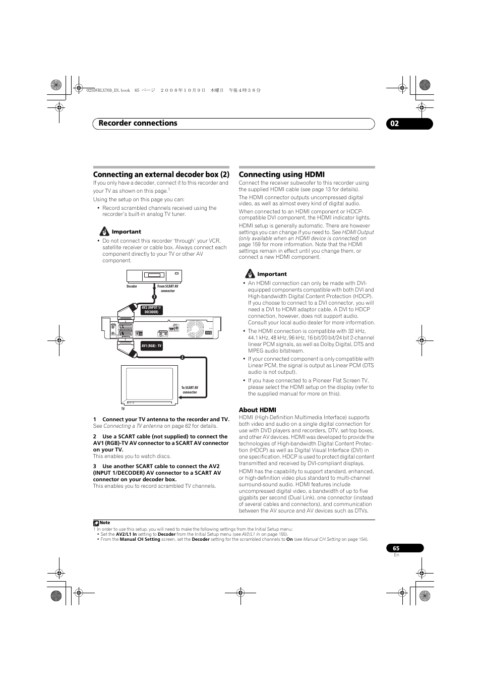 Connecting an external decoder box (2), Connecting using hdmi, Recorder connections 02 | Coaxial, About hdmi | Pioneer LX01 User Manual | Page 65 / 182