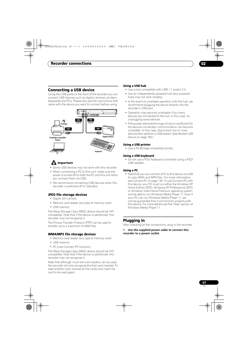 Connecting a usb device, Plugging in, Recorder connections 02 | Pioneer LX01 User Manual | Page 67 / 182