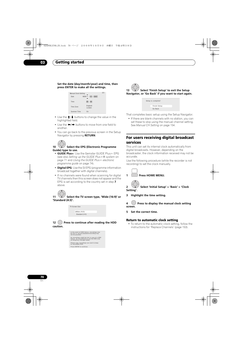 For users receiving digital broadcast services, Getting started 03, Return to automatic clock setting | Pioneer LX01 User Manual | Page 70 / 182