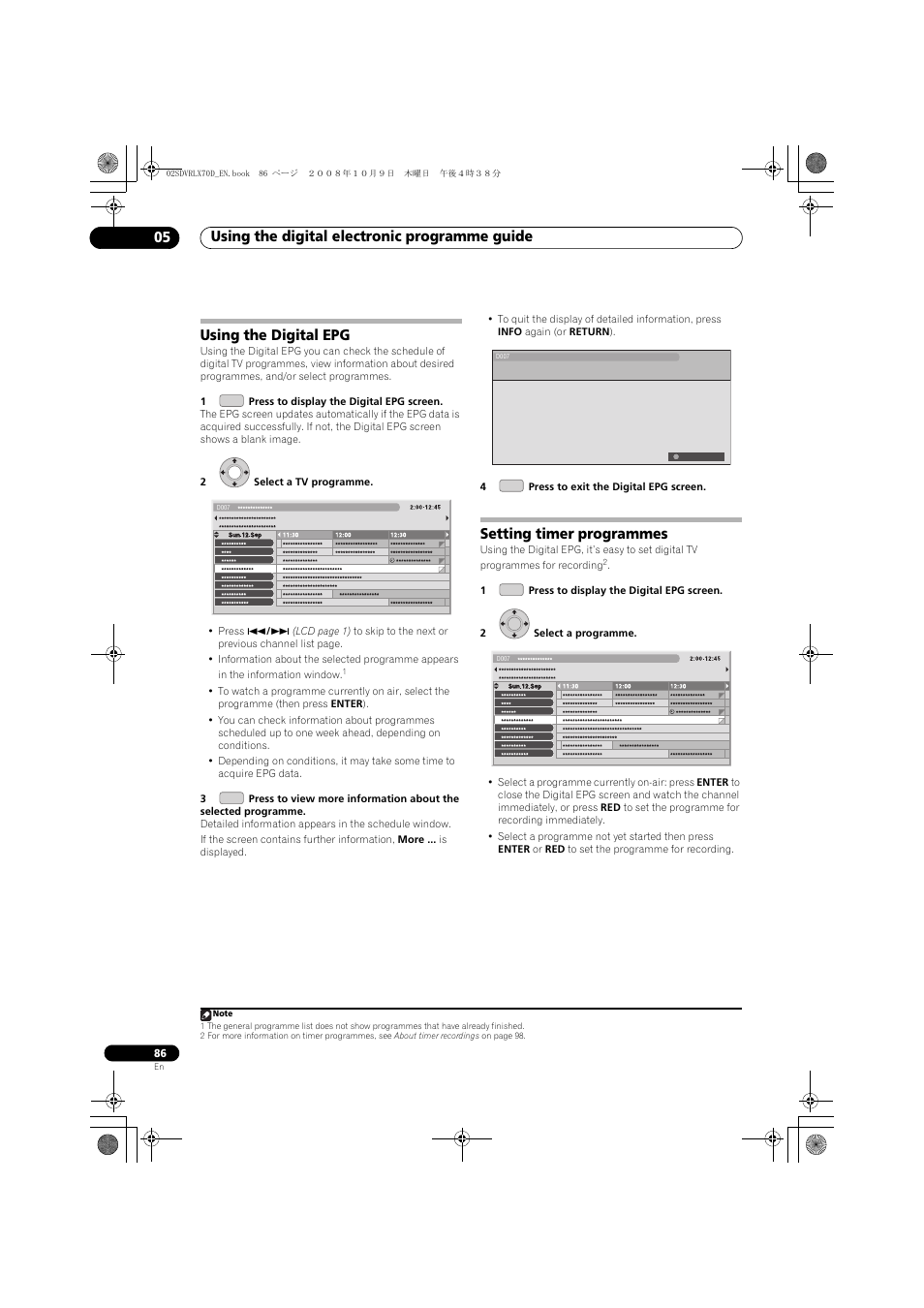Using the digital epg, Setting timer programmes, Using the digital electronic programme guide 05 | Pioneer LX01 User Manual | Page 86 / 182