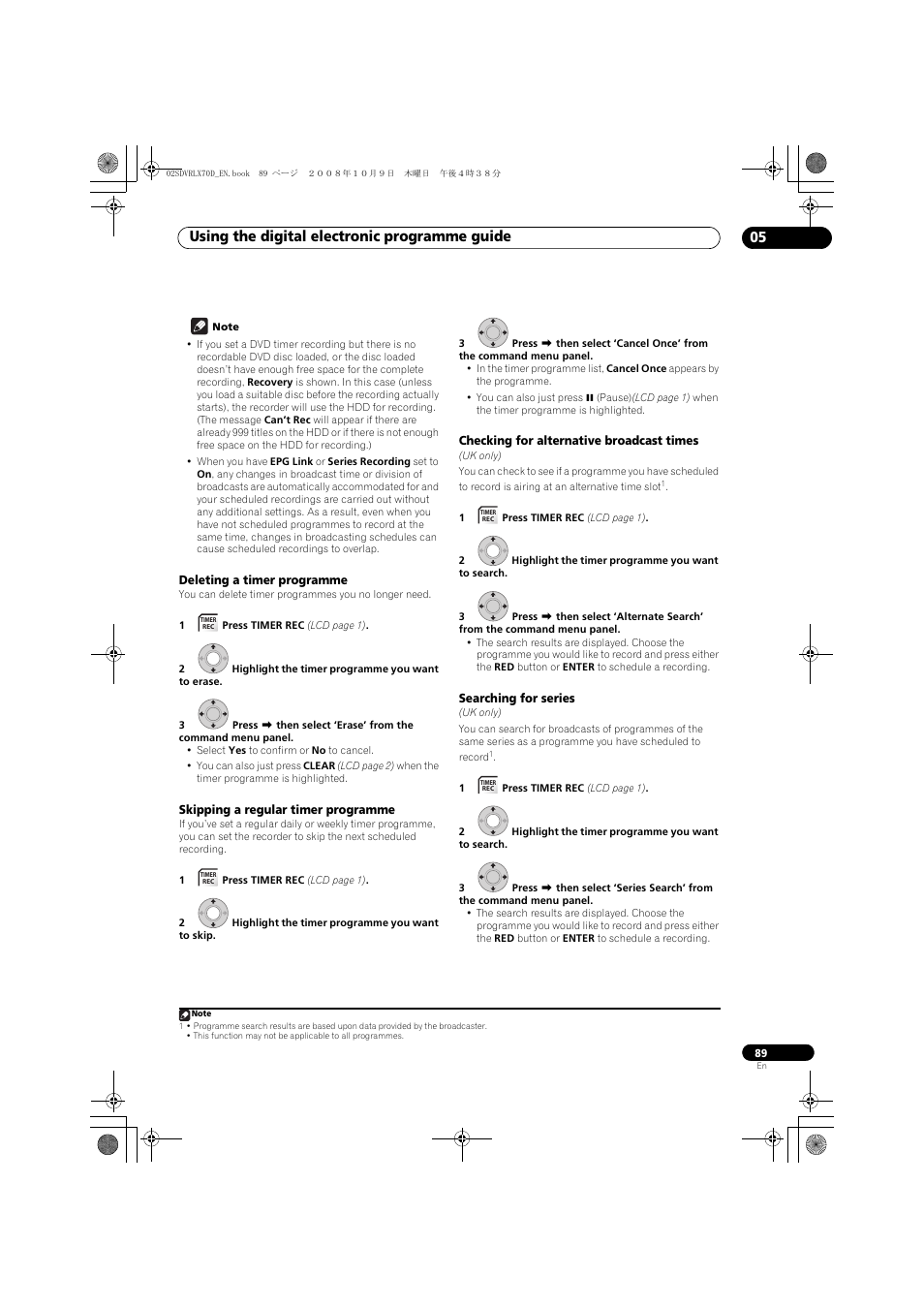 Using the digital electronic programme guide 05 | Pioneer LX01 User Manual | Page 89 / 182