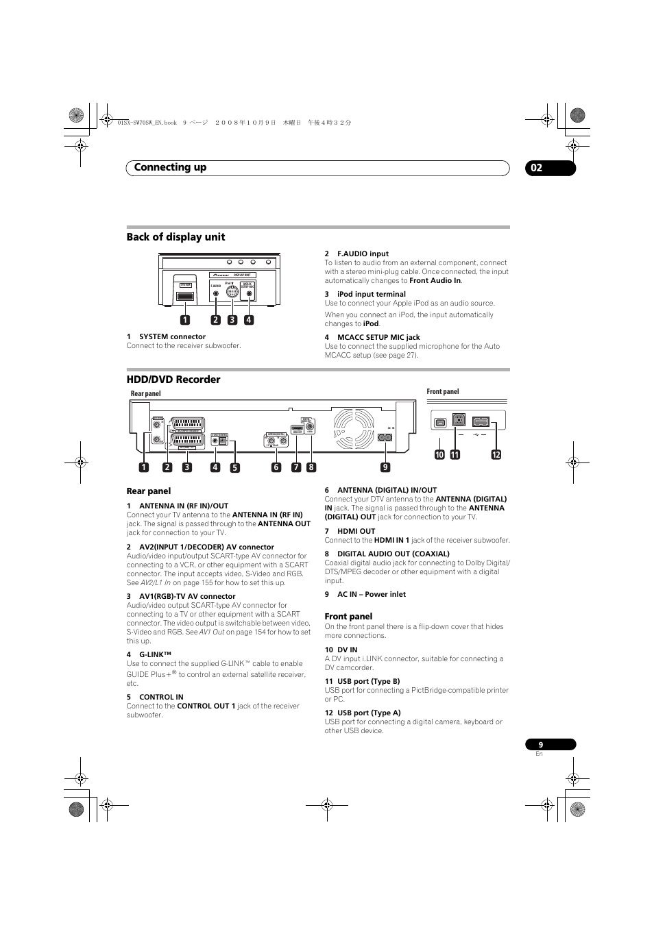 Back of display unit, Hdd/dvd recorder, Rear panel | Front panel, Connecting up 02 | Pioneer LX01 User Manual | Page 9 / 182