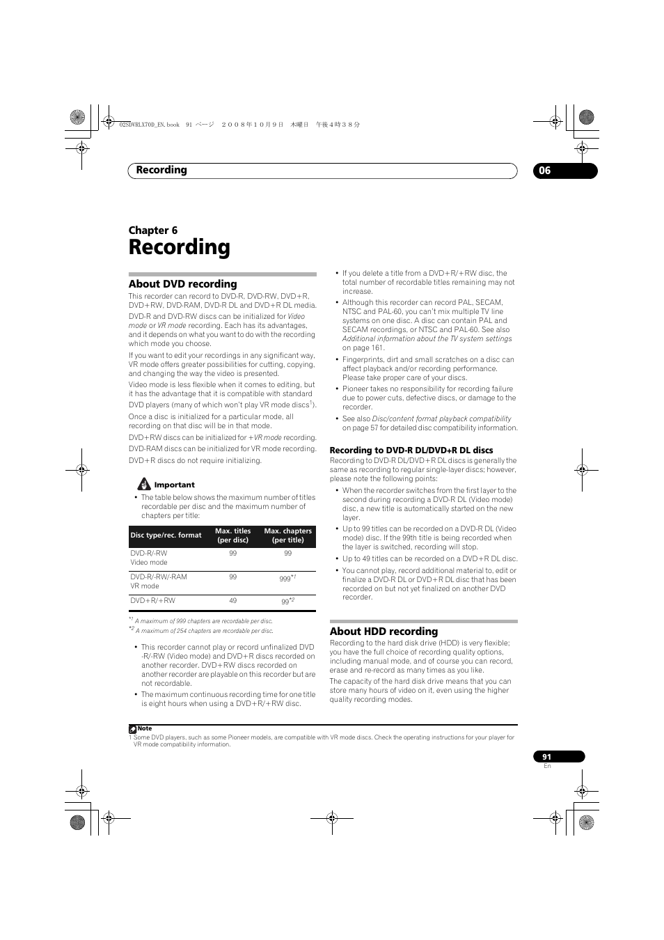 About dvd recording, About hdd recording, Recording | Recording 06, Chapter 6 | Pioneer LX01 User Manual | Page 91 / 182