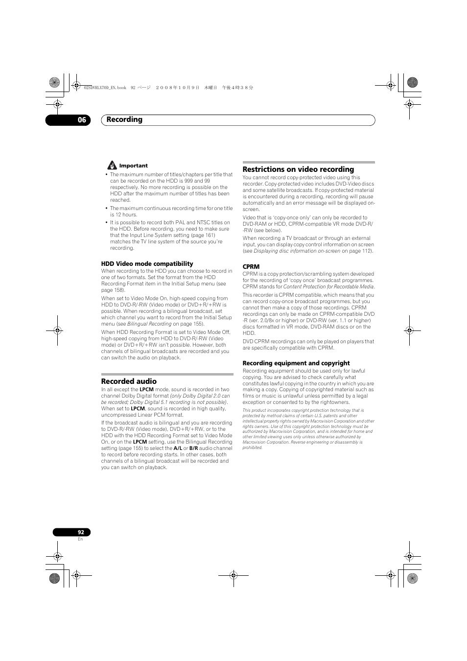 Recorded audio, Restrictions on video recording, Recording 06 | Pioneer LX01 User Manual | Page 92 / 182