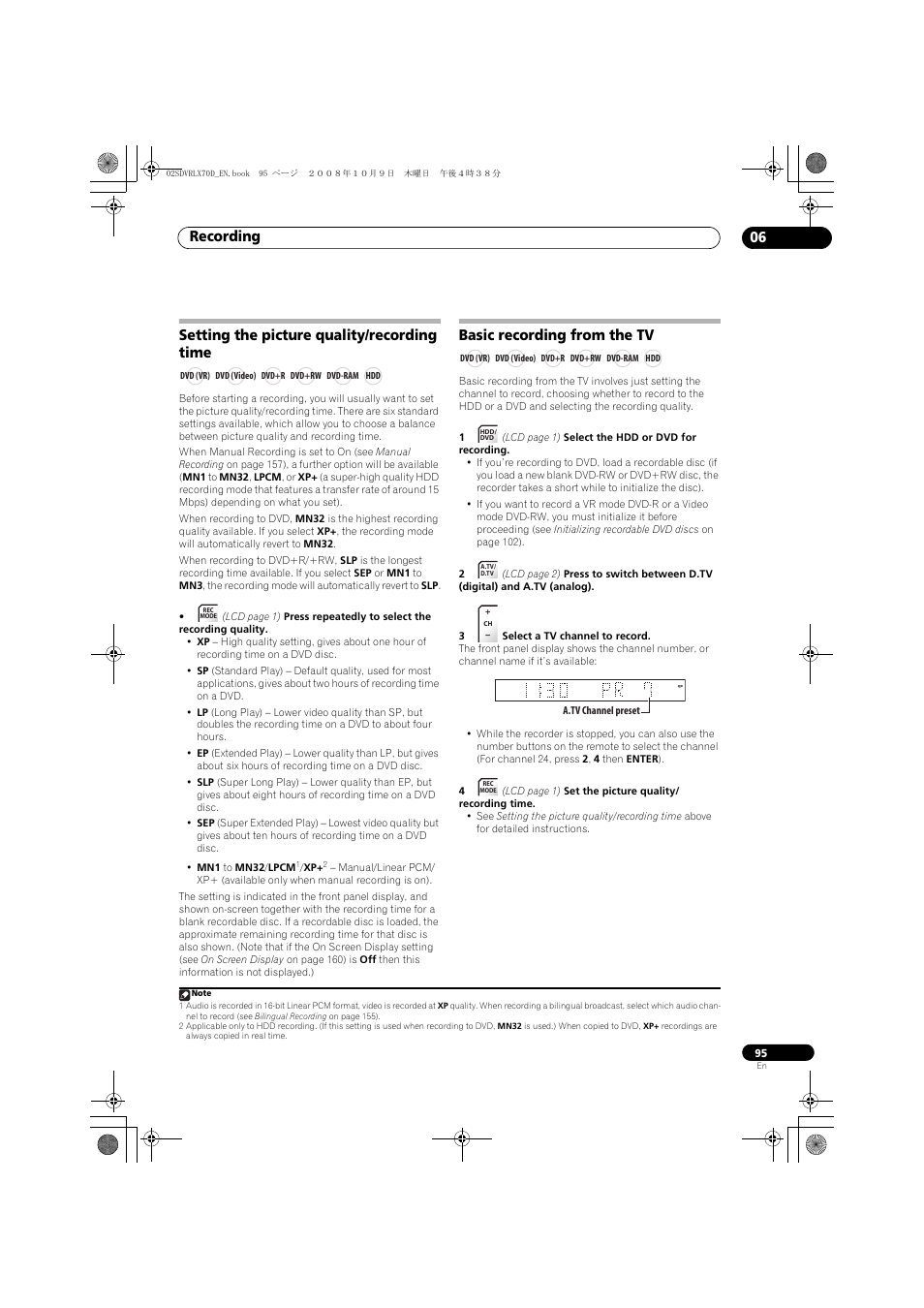 Setting the picture quality/recording time, Basic recording from the tv, Recording 06 | Pioneer LX01 User Manual | Page 95 / 182
