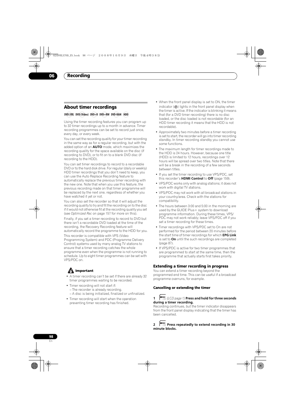 About timer recordings, Recording 06 | Pioneer LX01 User Manual | Page 98 / 182