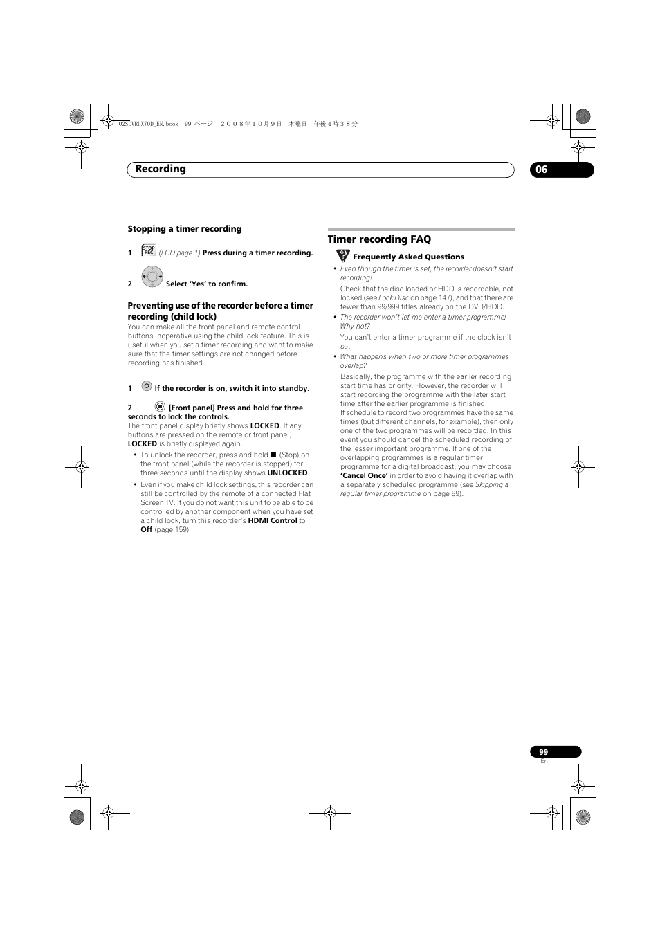 Timer recording faq, Recording 06 | Pioneer LX01 User Manual | Page 99 / 182