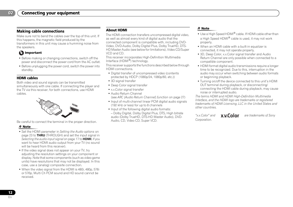 Making cable connections, Hdmi cables, About hdmi | 02 connecting your equipment | Pioneer VSX-322-K User Manual | Page 12 / 31