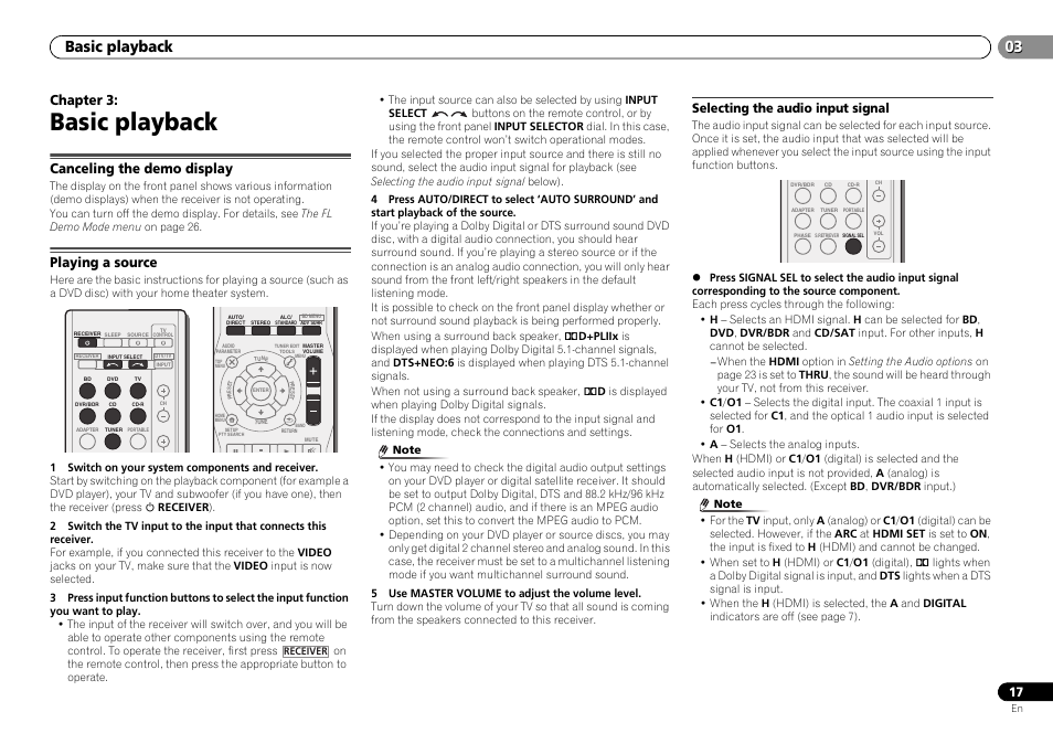 Basic playback, Canceling the demo display, Playing a source | Selecting the audio input signal, Chapter 3 | Pioneer VSX-322-K User Manual | Page 17 / 31
