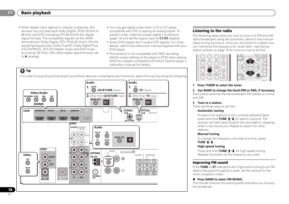 Listening to the radio, Improving fm sound, Basic playback | Pioneer VSX-322-K User Manual | Page 18 / 31