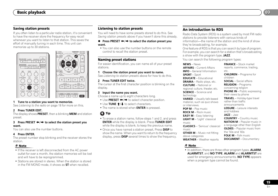 Saving station presets, Listening to station presets, Naming preset stations | An introduction to rds, Basic playback | Pioneer VSX-322-K User Manual | Page 19 / 31