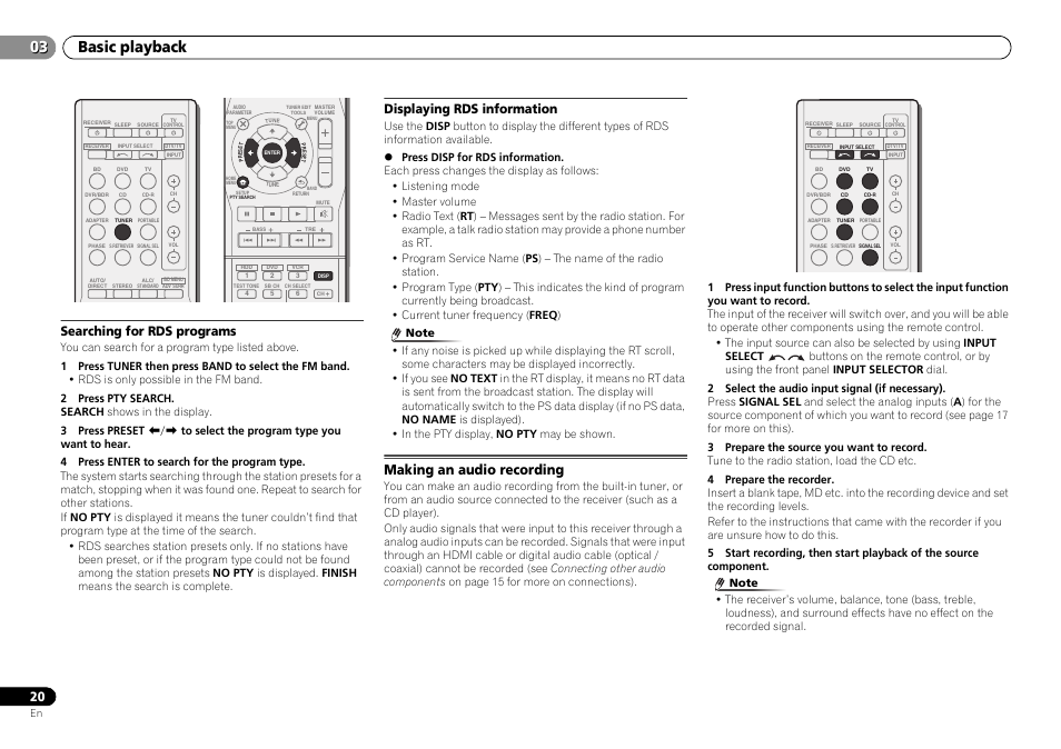 Searching for rds programs, Displaying rds information, Making an audio recording | Basic playback | Pioneer VSX-322-K User Manual | Page 20 / 31