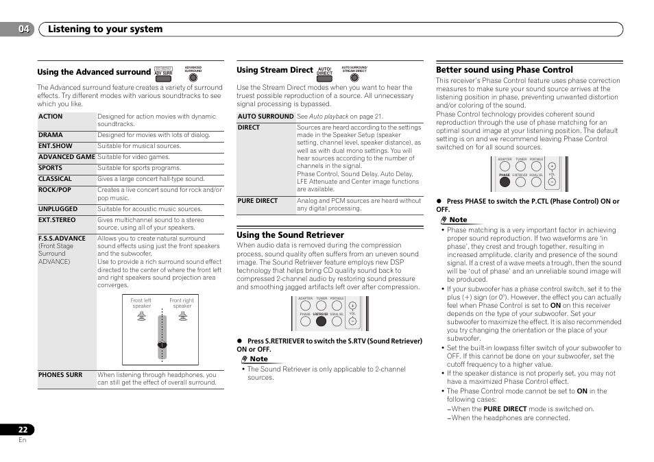 Using the advanced surround, Using stream direct, Using the sound retriever | Better sound using phase control, Listening to your system | Pioneer VSX-322-K User Manual | Page 22 / 31