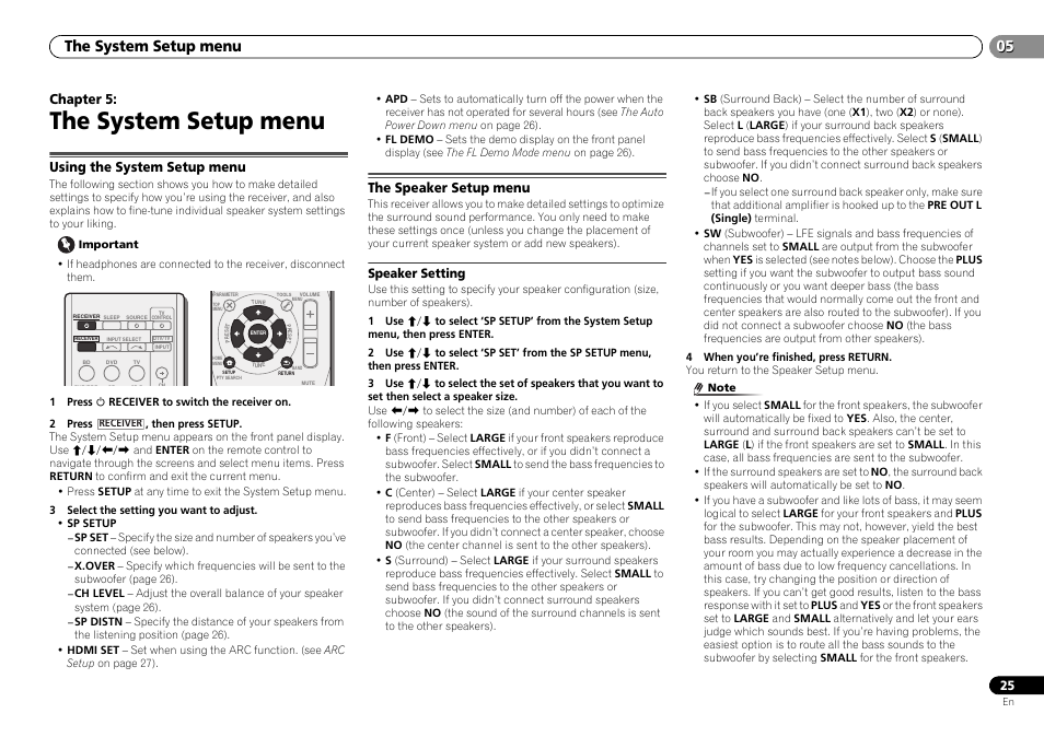 The system setup menu, Using the system setup menu, The speaker setup menu | Speaker setting | Pioneer VSX-322-K User Manual | Page 25 / 31