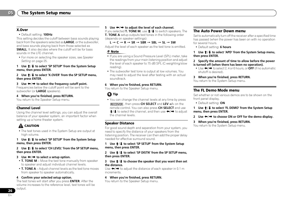 X.over, Channel level, Speaker distance | The auto power down menu, The fl demo mode menu, The system setup menu | Pioneer VSX-322-K User Manual | Page 26 / 31