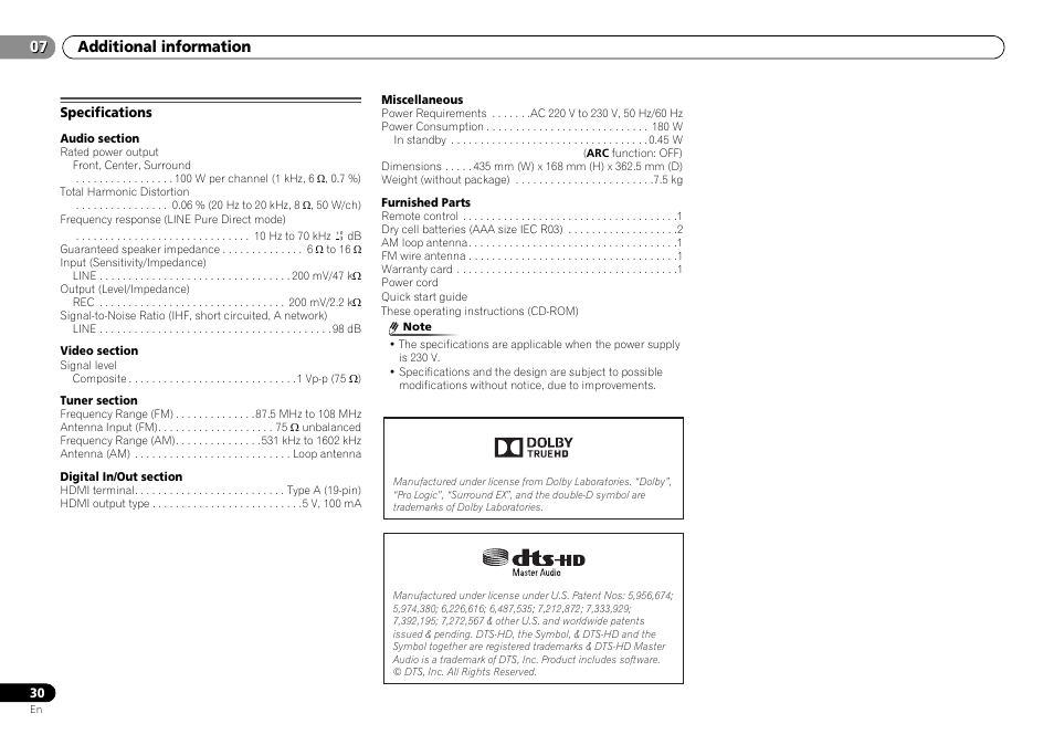 Specifications, Additional information | Pioneer VSX-322-K User Manual | Page 30 / 31