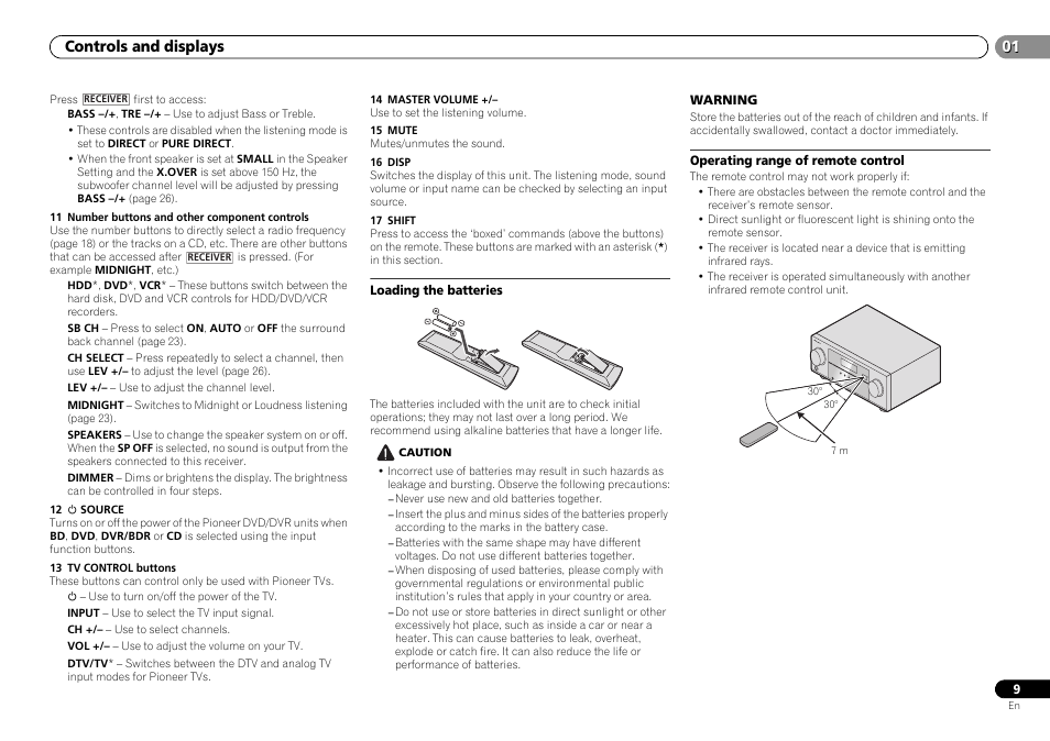 Loading the batteries, Operating range of remote control, 01 controls and displays | Pioneer VSX-322-K User Manual | Page 9 / 31