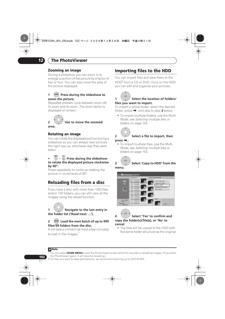 Reloading files from a disc, Importing files to the hdd, The photoviewer 12 | Zooming an image, Rotating an image | Pioneer DVR-550H-S User Manual | Page 102 / 142