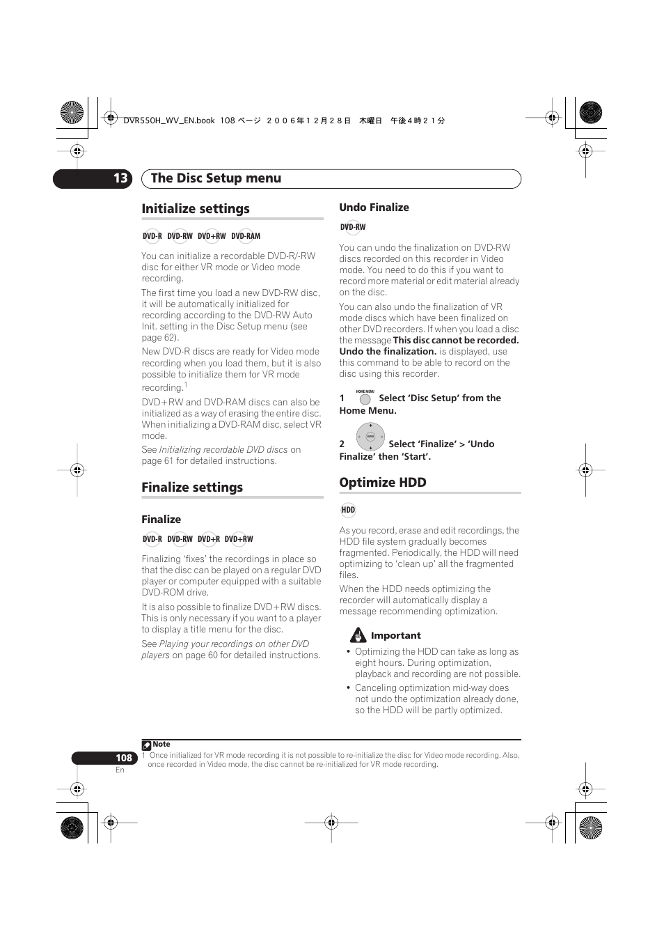 Initialize settings, Finalize settings, Optimize hdd | The disc setup menu 13 | Pioneer DVR-550H-S User Manual | Page 108 / 142