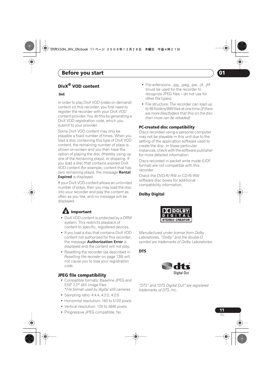 Before you start | Pioneer DVR-550H-S User Manual | Page 11 / 142