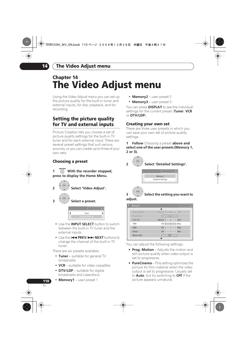 14 the video adjust menu, The video adjust menu, The video adjust menu 14 | Chapter 14, Setting the picture quality, For tv and external inputs | Pioneer DVR-550H-S User Manual | Page 110 / 142