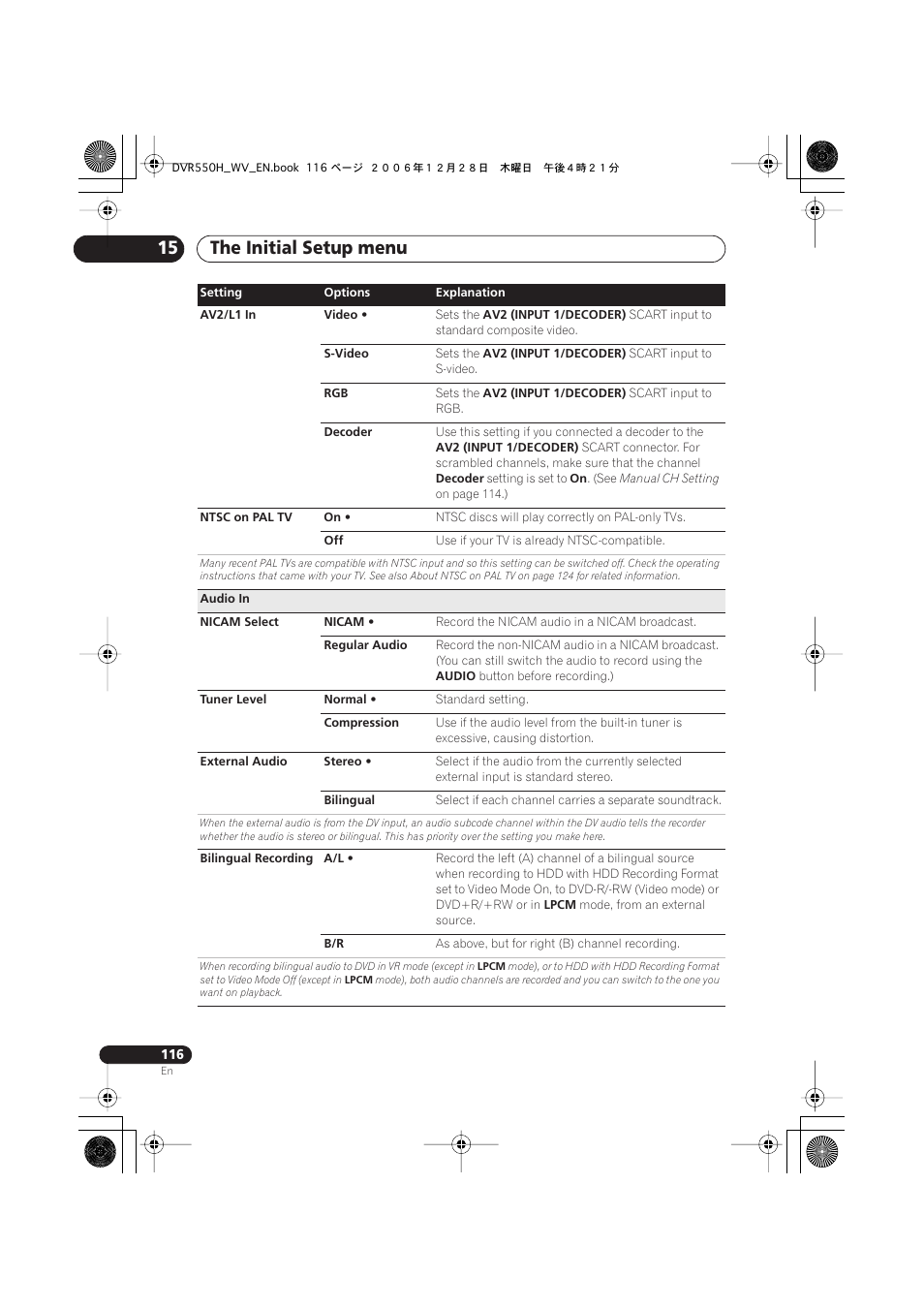 The initial setup menu 15 | Pioneer DVR-550H-S User Manual | Page 116 / 142