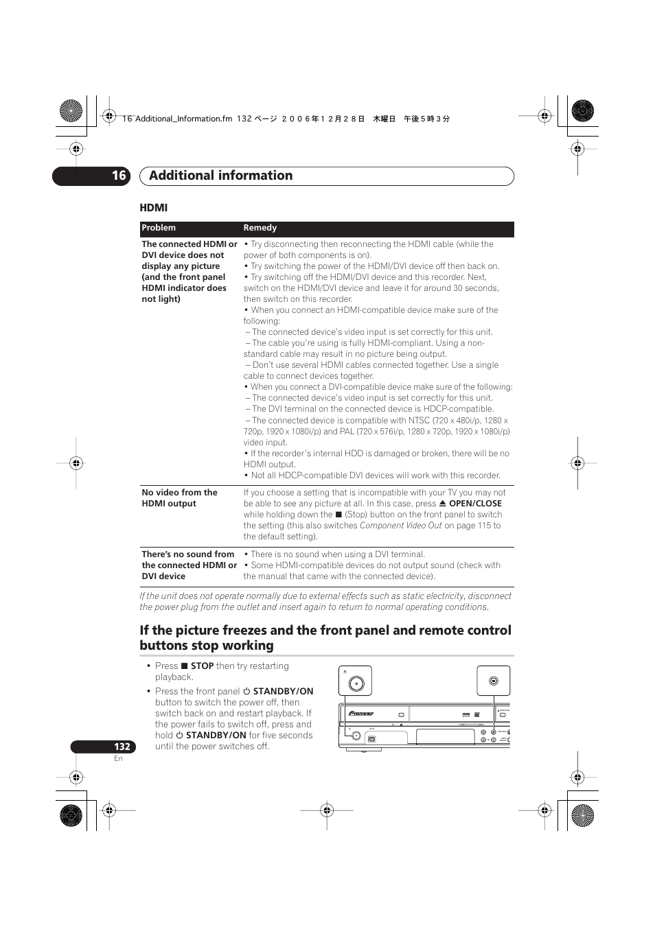 Additional information 16, Buttons stop working, Hdmi | Pioneer DVR-550H-S User Manual | Page 132 / 142