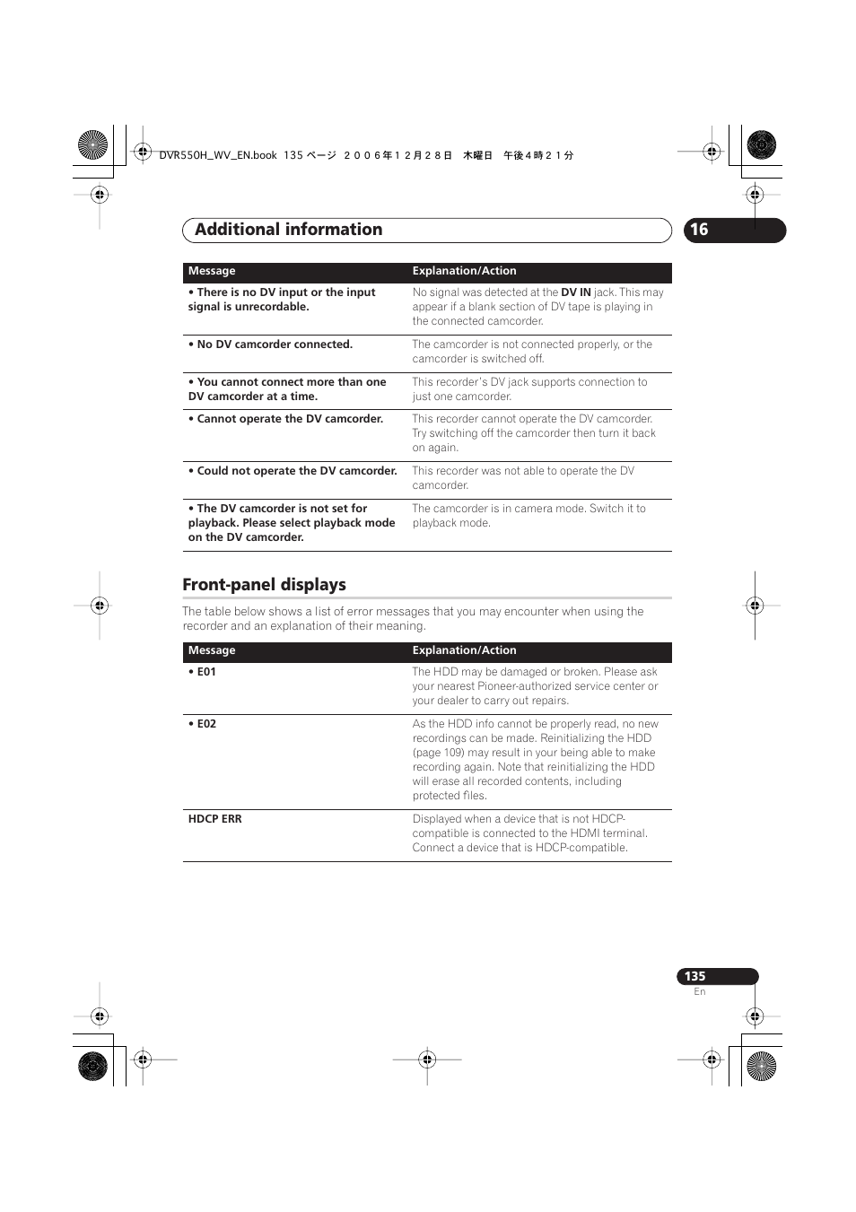 Front-panel displays, Additional information | Pioneer DVR-550H-S User Manual | Page 135 / 142