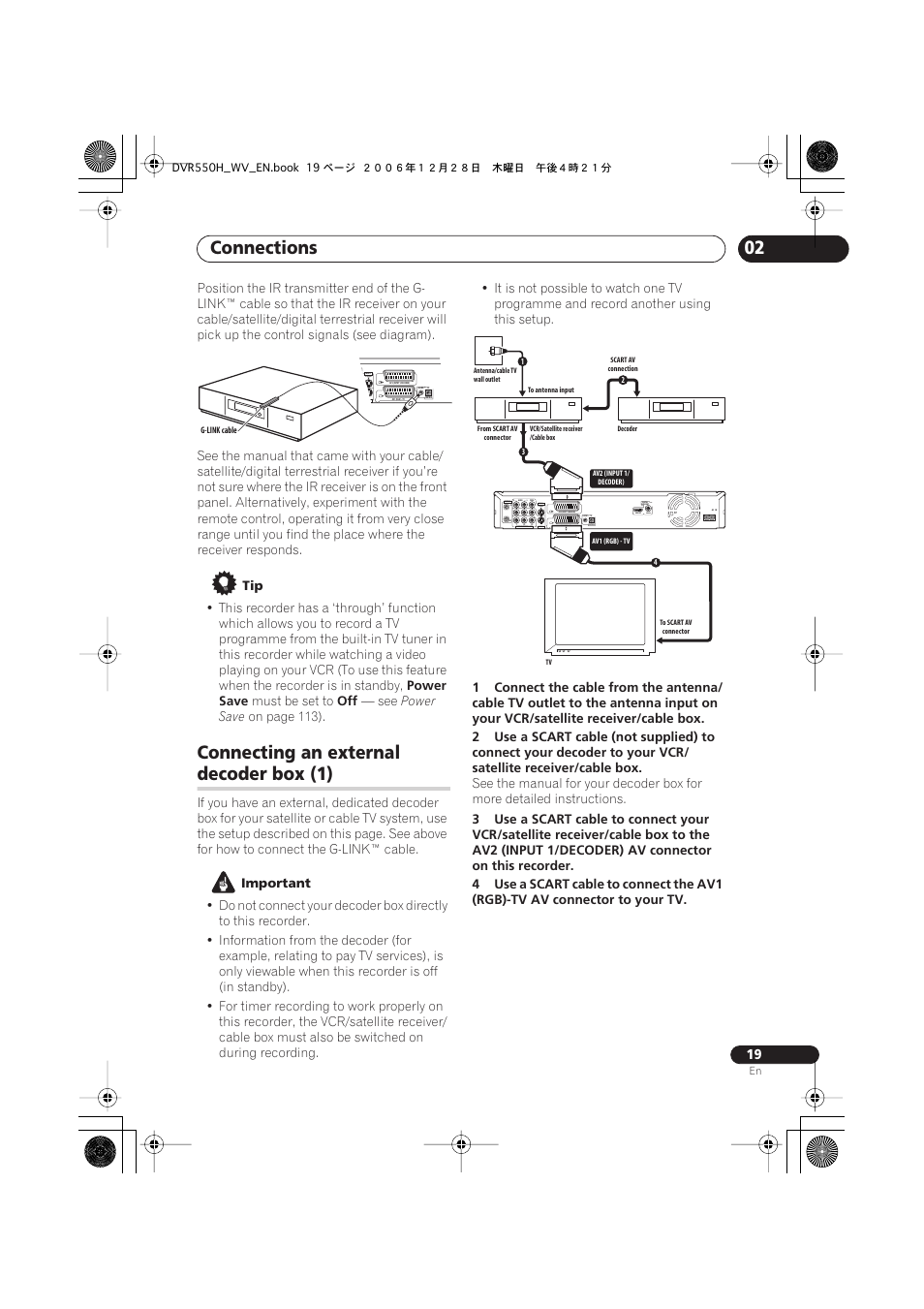 Connecting an external decoder box (1), Connections, Connecting an external | Decoder box (1), Coaxial hdmi out, Output input 3 | Pioneer DVR-550H-S User Manual | Page 19 / 142