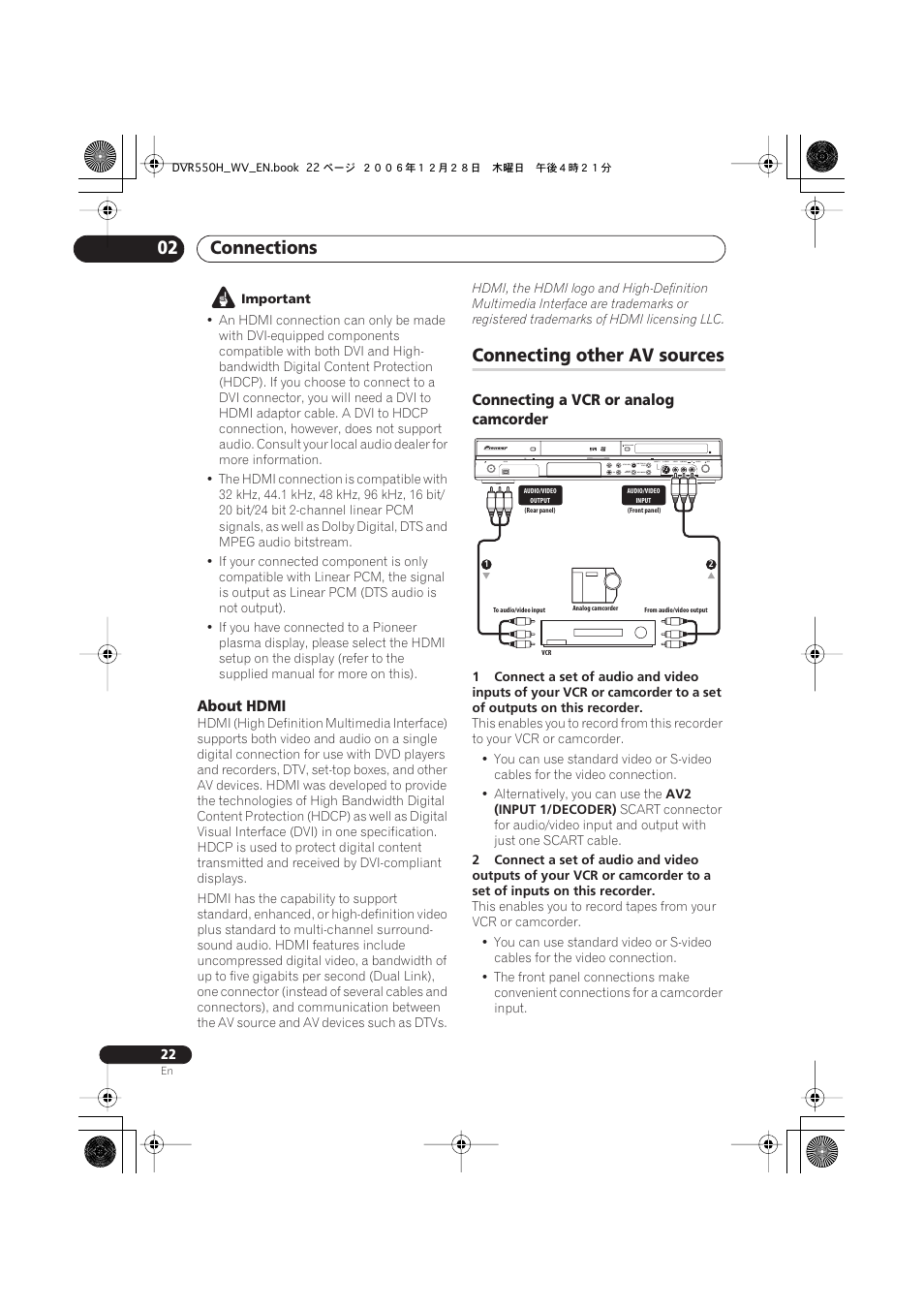 Connecting other av sources, Connections 02 | Pioneer DVR-550H-S User Manual | Page 22 / 142