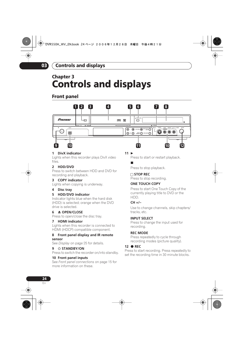 03 controls and displays, Front panel, Controls and displays | Controls and displays 03, Chapter 3 | Pioneer DVR-550H-S User Manual | Page 24 / 142