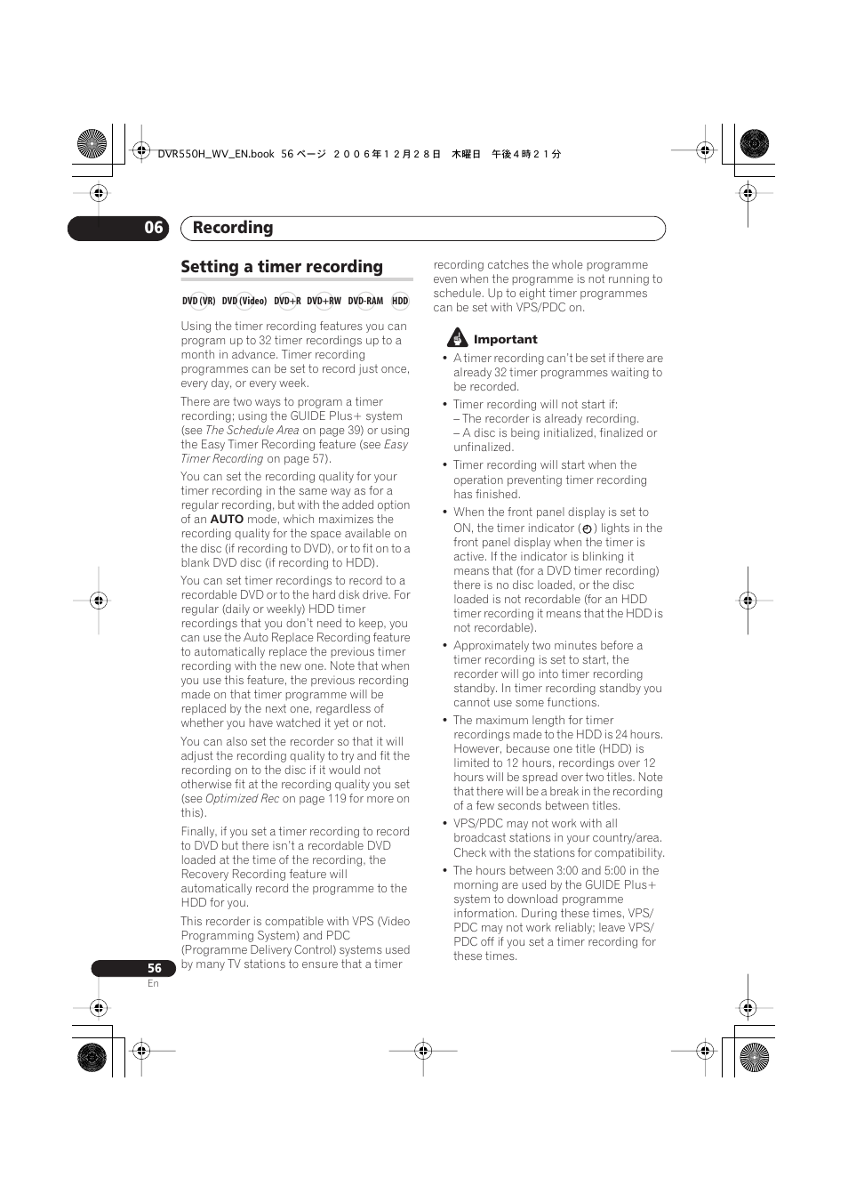 Setting a timer recording, Recording 06 | Pioneer DVR-550H-S User Manual | Page 56 / 142