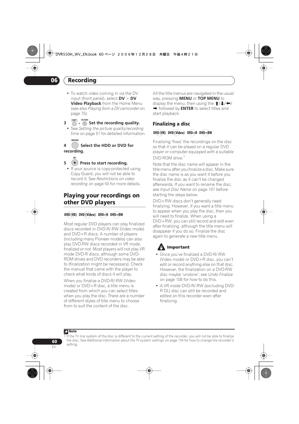 Playing your recordings on other dvd players, Recording 06, Playing your recordings on | Other dvd players | Pioneer DVR-550H-S User Manual | Page 60 / 142