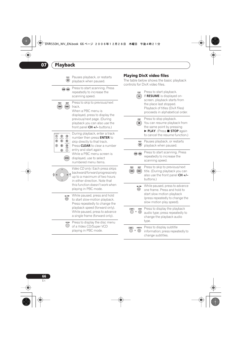 Playback 07, Playing divx video files | Pioneer DVR-550H-S User Manual | Page 66 / 142