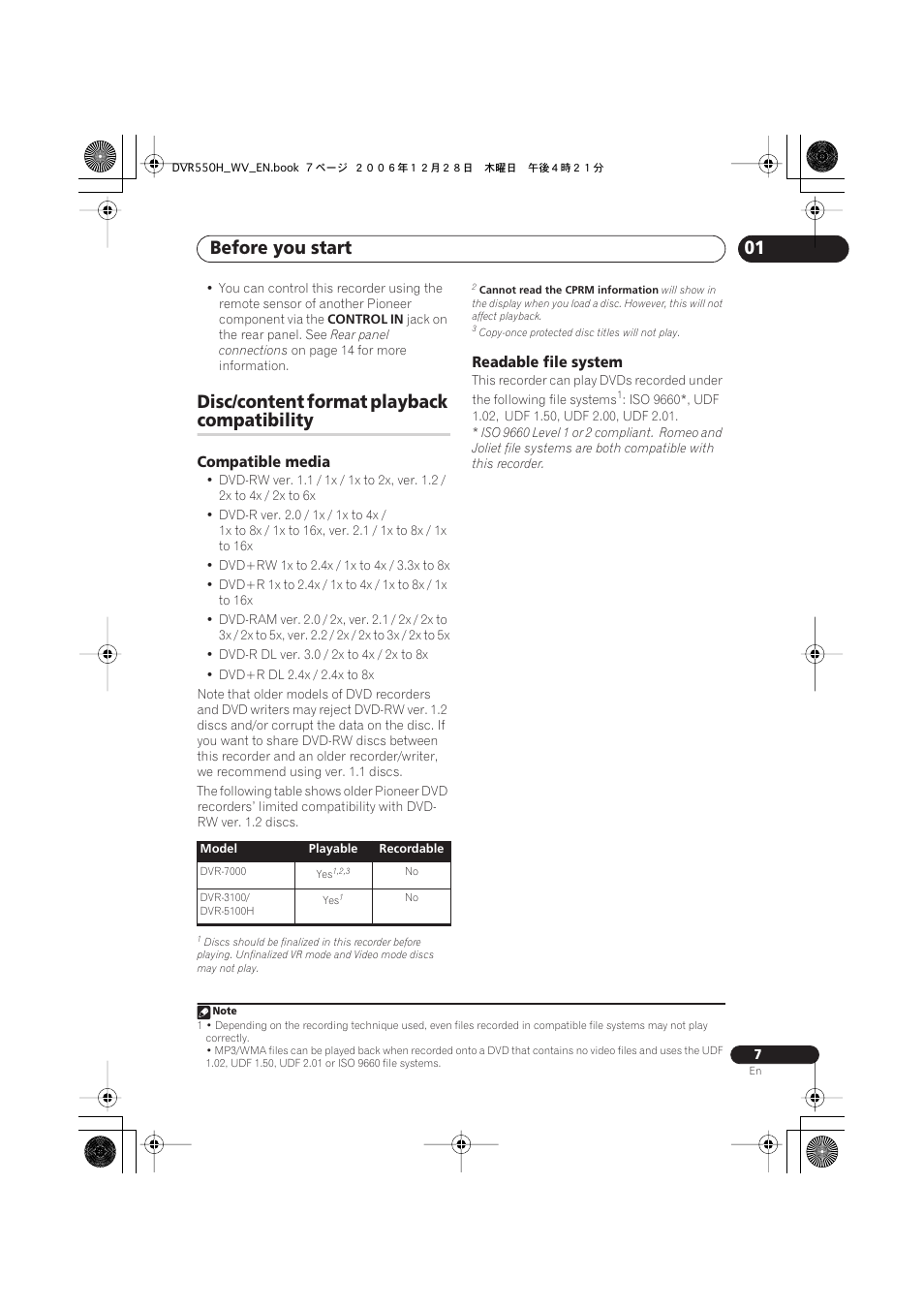 Disc/content format playback compatibility, Before you start, Disc/content format playback | Compatibility, Compatible media, Readable file system | Pioneer DVR-550H-S User Manual | Page 7 / 142