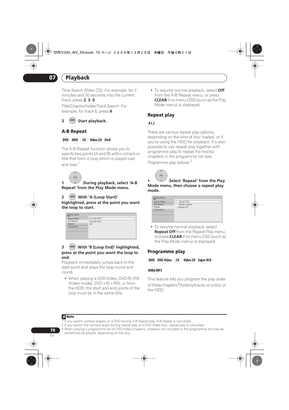 Playback 07, A-b repeat, Repeat play | Programme play | Pioneer DVR-550H-S User Manual | Page 70 / 142