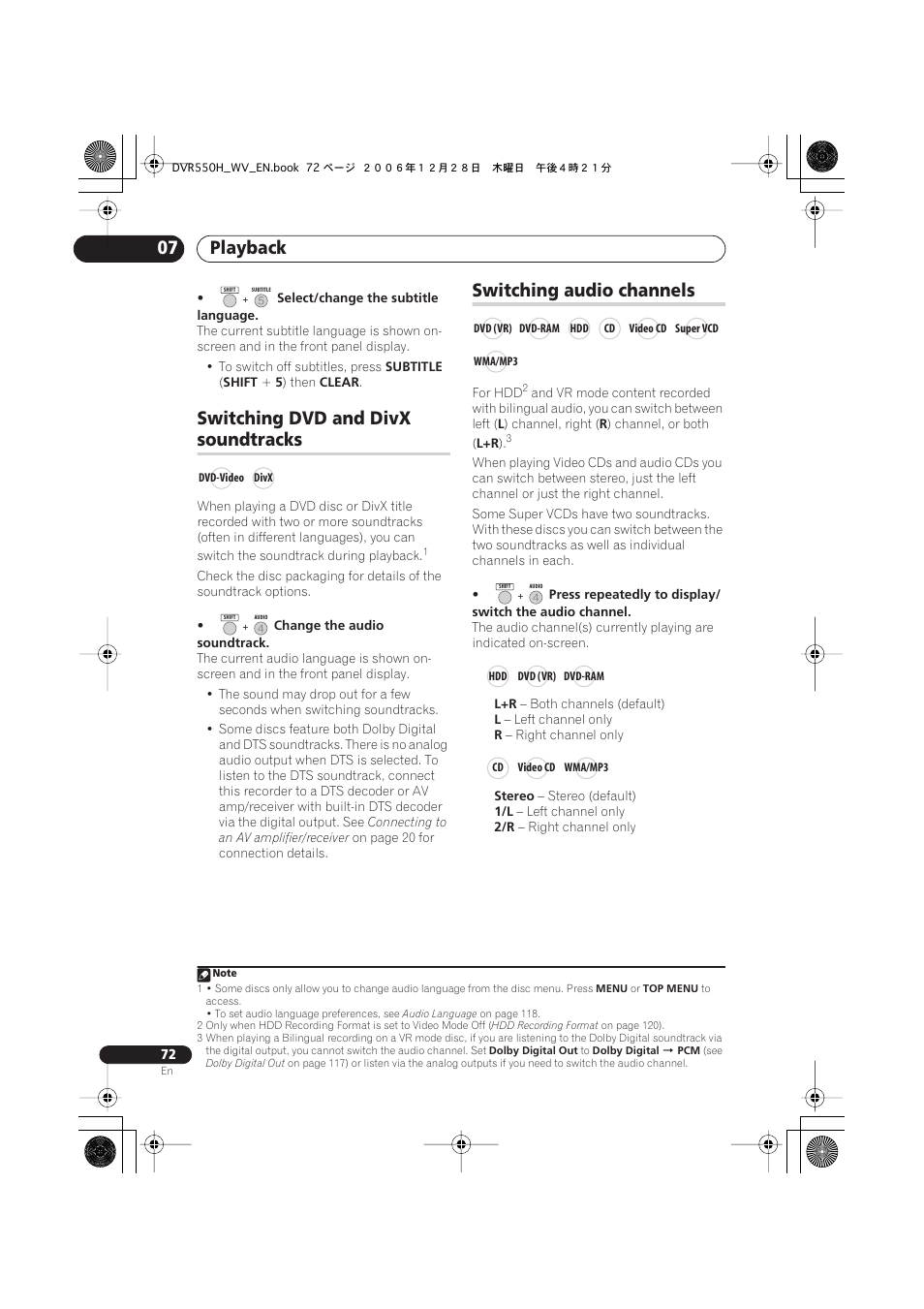 Switching dvd and divx soundtracks, Switching audio channels, Playback 07 | Switching dvd and divx, Soundtracks | Pioneer DVR-550H-S User Manual | Page 72 / 142