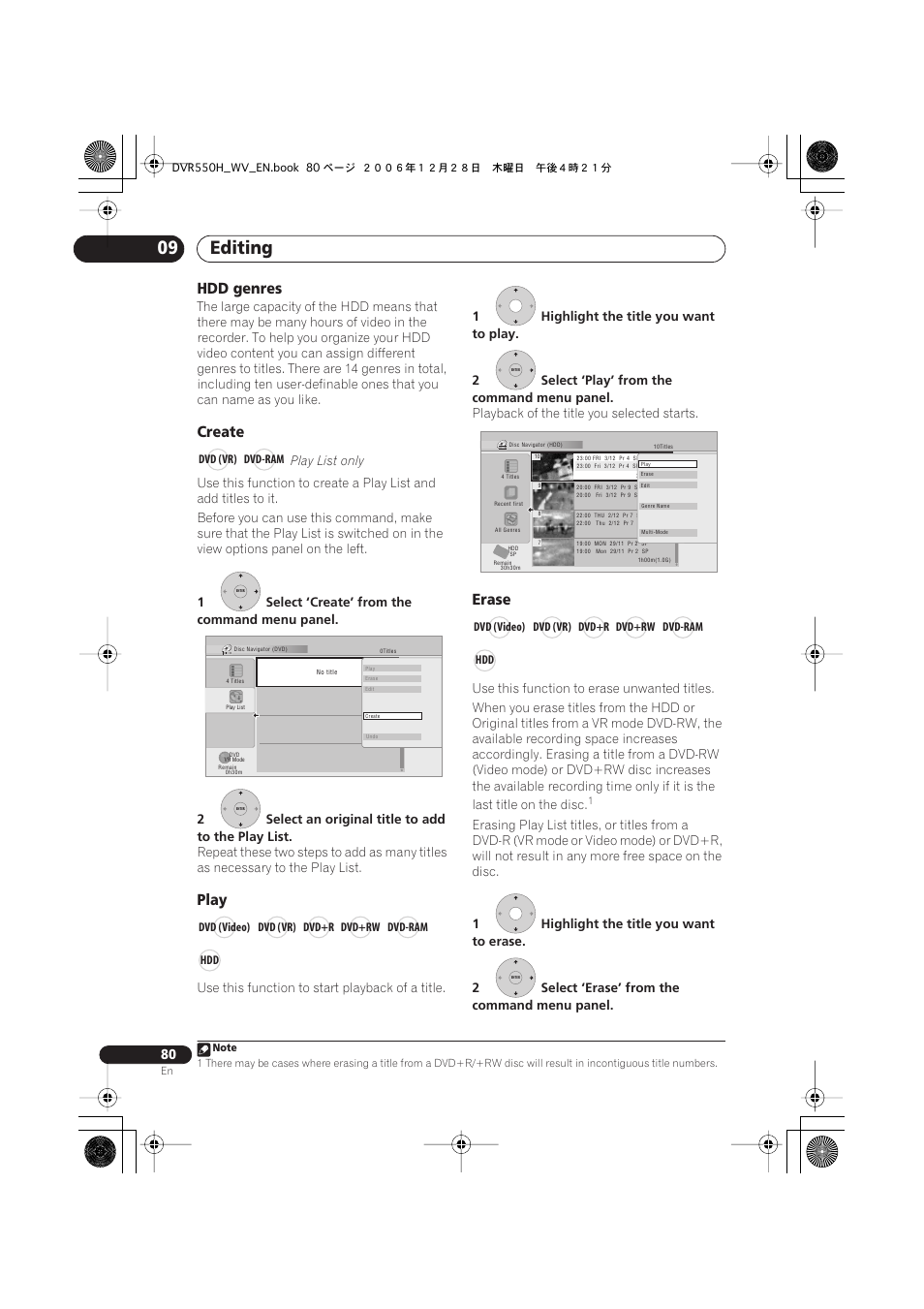 Editing 09, Hdd genres, Create | Play, Erase | Pioneer DVR-550H-S User Manual | Page 80 / 142