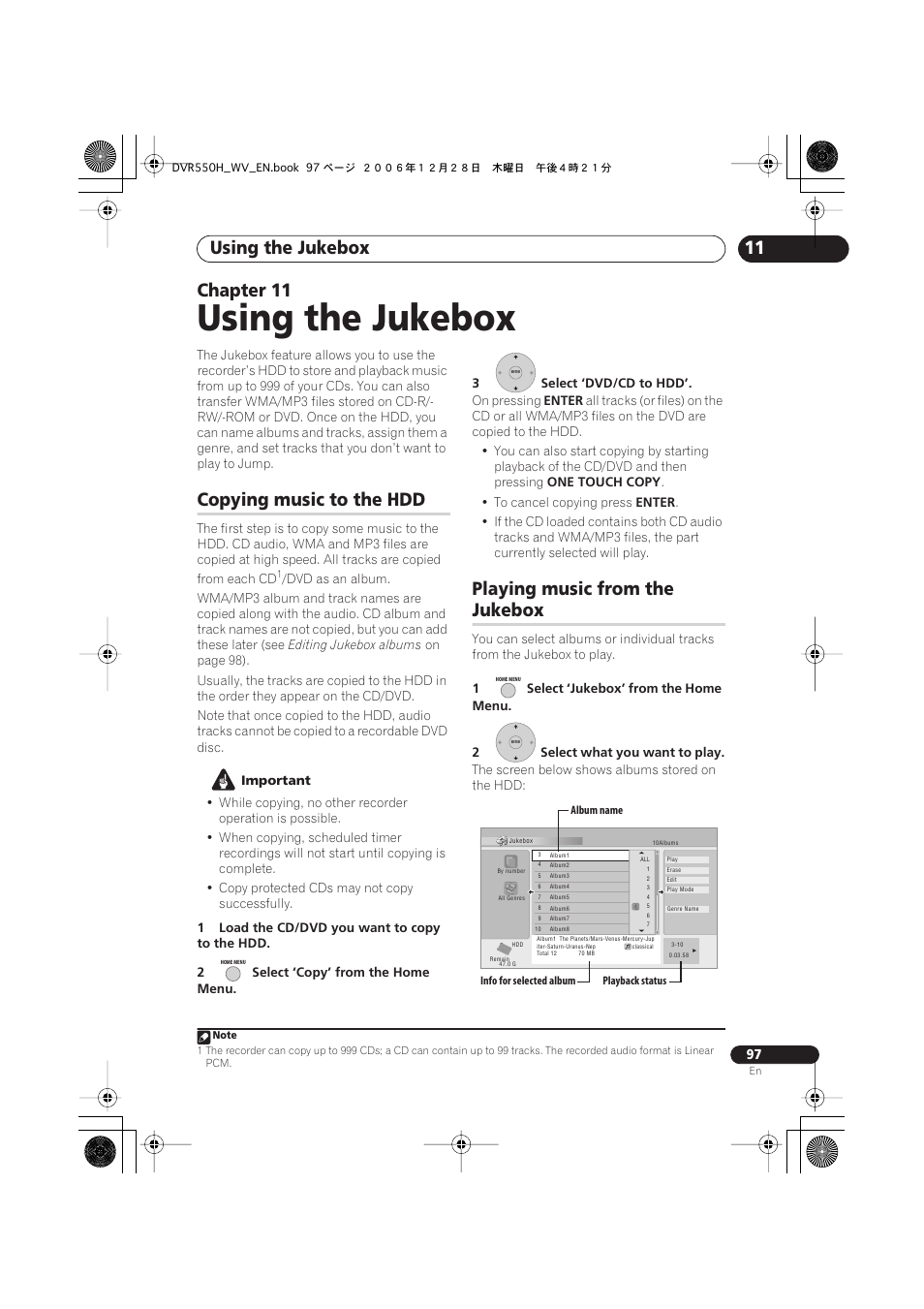 11 using the jukebox, Copying music to the hdd, Playing music from the jukebox | Using the jukebox, 11 chapter 11, Playing music from the, Jukebox | Pioneer DVR-550H-S User Manual | Page 97 / 142