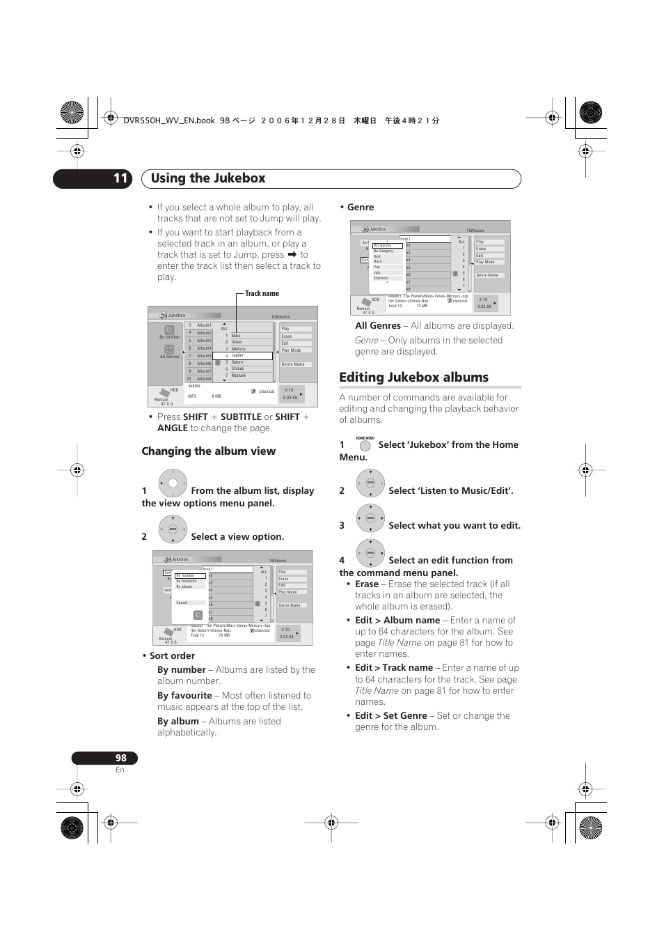 Editing jukebox albums, Using the jukebox 11, Changing the album view | Shift, Subtitle, Angle, Sort order by number, Albums are listed by the album number, By favourite, By album | Pioneer DVR-550H-S User Manual | Page 98 / 142