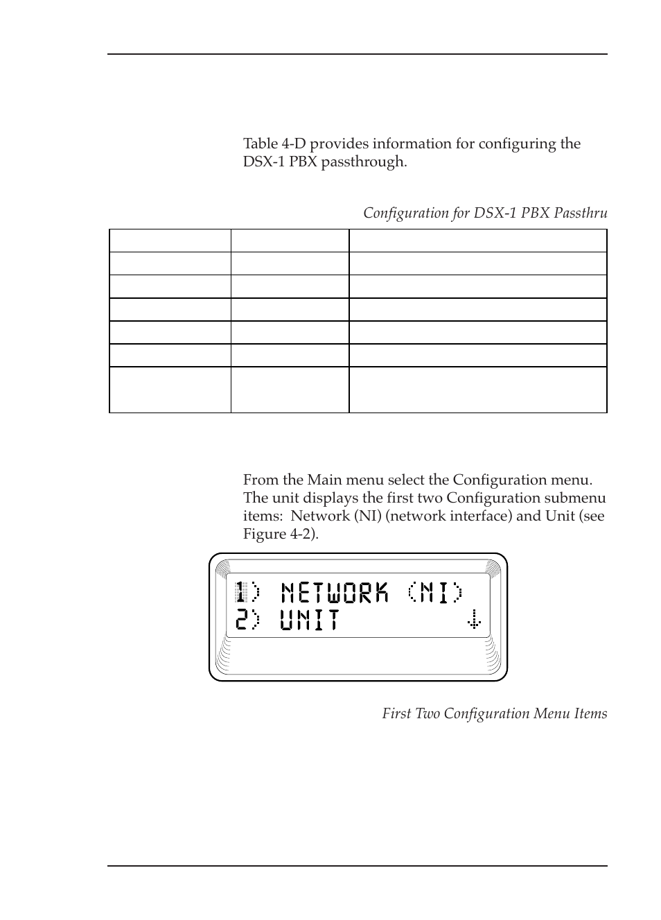 Step 6. activate configuration menu, Configuration for dsx-1 pbx passthru, First two configuration menu items | ADTRAN TSU 600 User Manual | Page 101 / 133