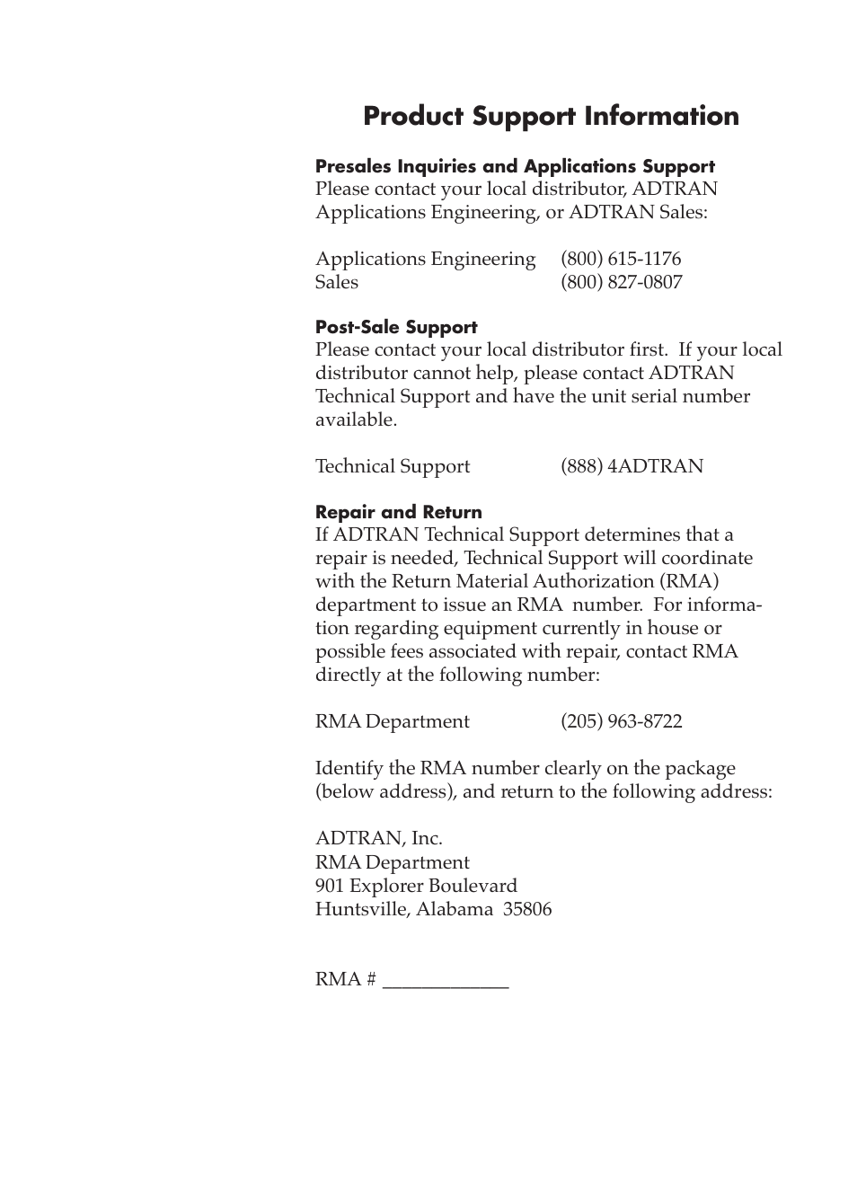 901 explorer boulevard, P.o. box 140000, Huntsville, al 35814-4000 | Phone: (205) 963-8000, 1997 adtran, inc, All rights reserved, Printed in usa, Product support information | ADTRAN TSU 600 User Manual | Page 133 / 133