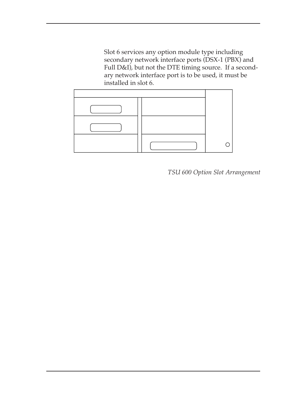 Slot 6, Tsu 600 option slot arrangement, Chapter 1. introduction | Figure 1-4 | ADTRAN TSU 600 User Manual | Page 23 / 133