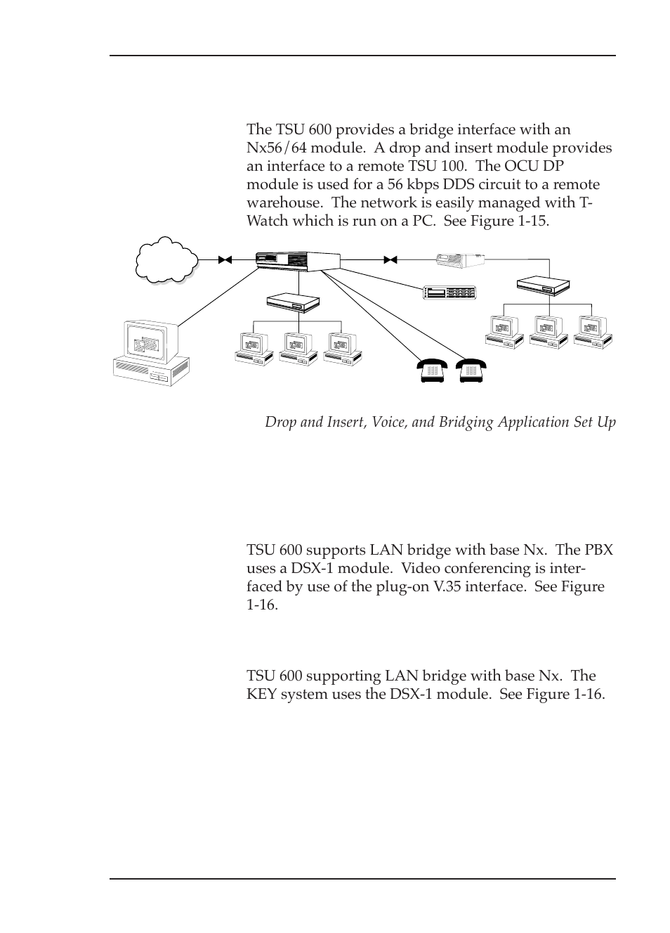 Drop and insert, voice, and bridging application, Variations of mixed applications, Chapter 1. introduction | Figure 1-15, Regional sales office, Branch office | ADTRAN TSU 600 User Manual | Page 35 / 133