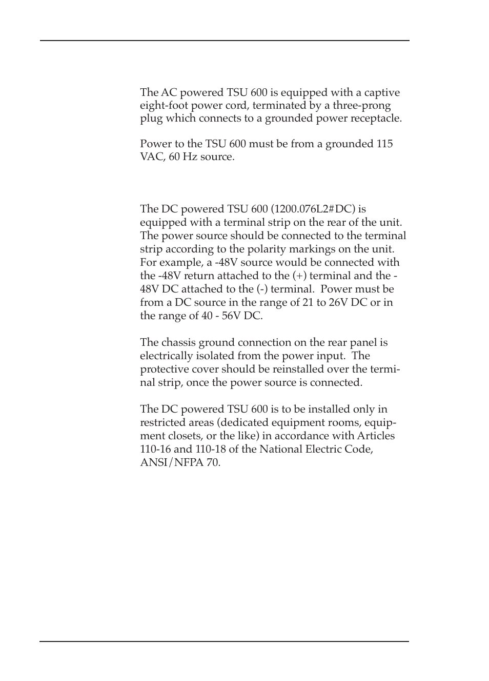 Power connection | ADTRAN TSU 600 User Manual | Page 38 / 133