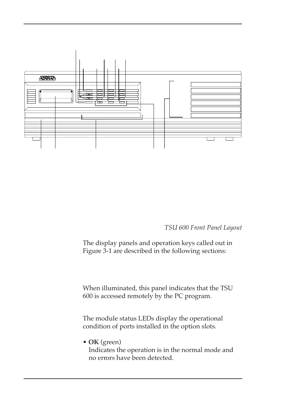 Chapter 3. operation 40, Tsu 600, Figure 3-1 | Display panels remote, Module status | ADTRAN TSU 600 User Manual | Page 52 / 133