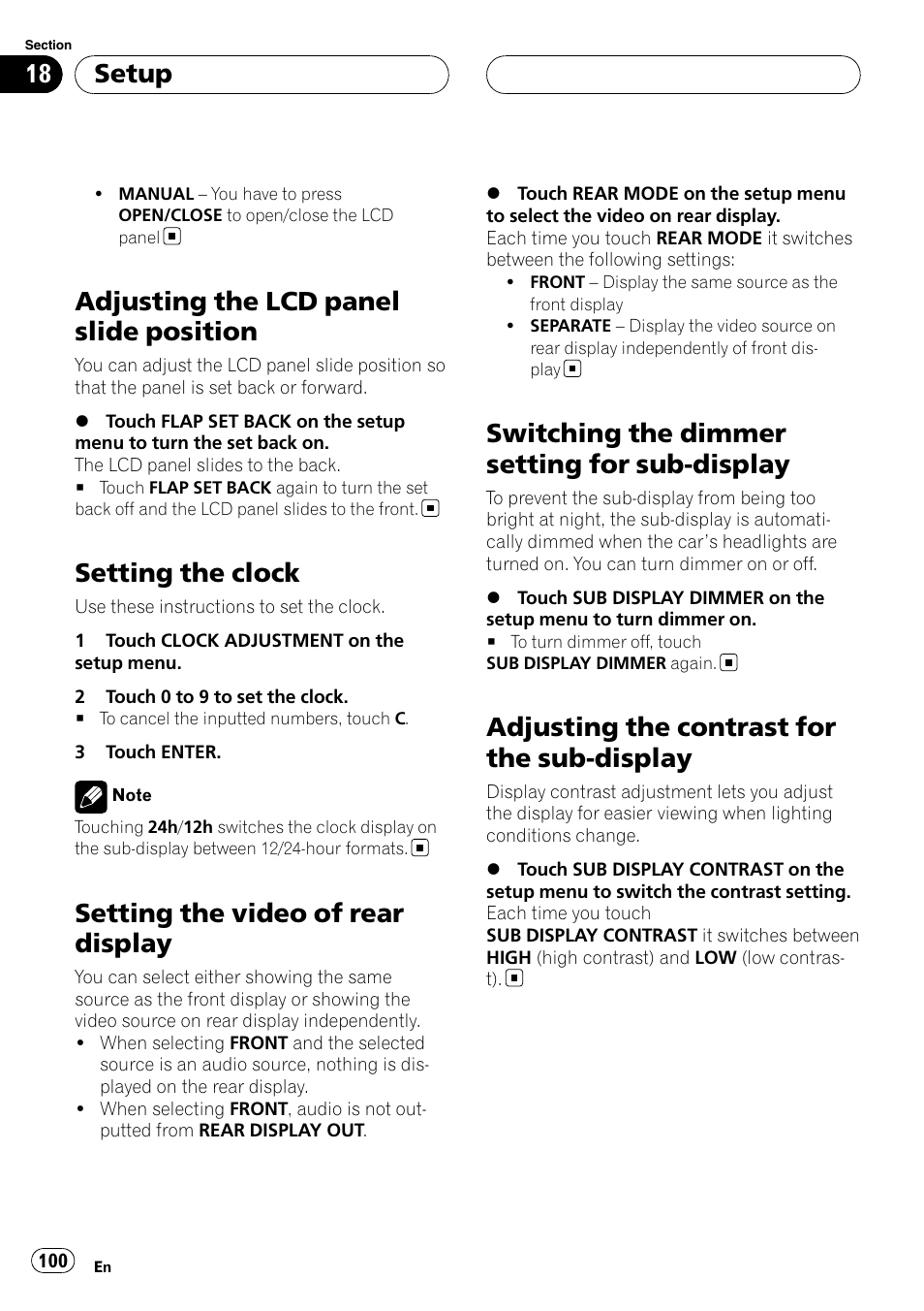 Adjusting the lcd panel slide position, Setting the clock, Setting the video of rear display | Switching the dimmer setting for sub, Display, Adjusting the contrast for the sub, Switching the dimmer setting for sub-display, Adjusting the contrast for the sub-display, Setup | Pioneer AVH-P7900DVD User Manual | Page 100 / 137