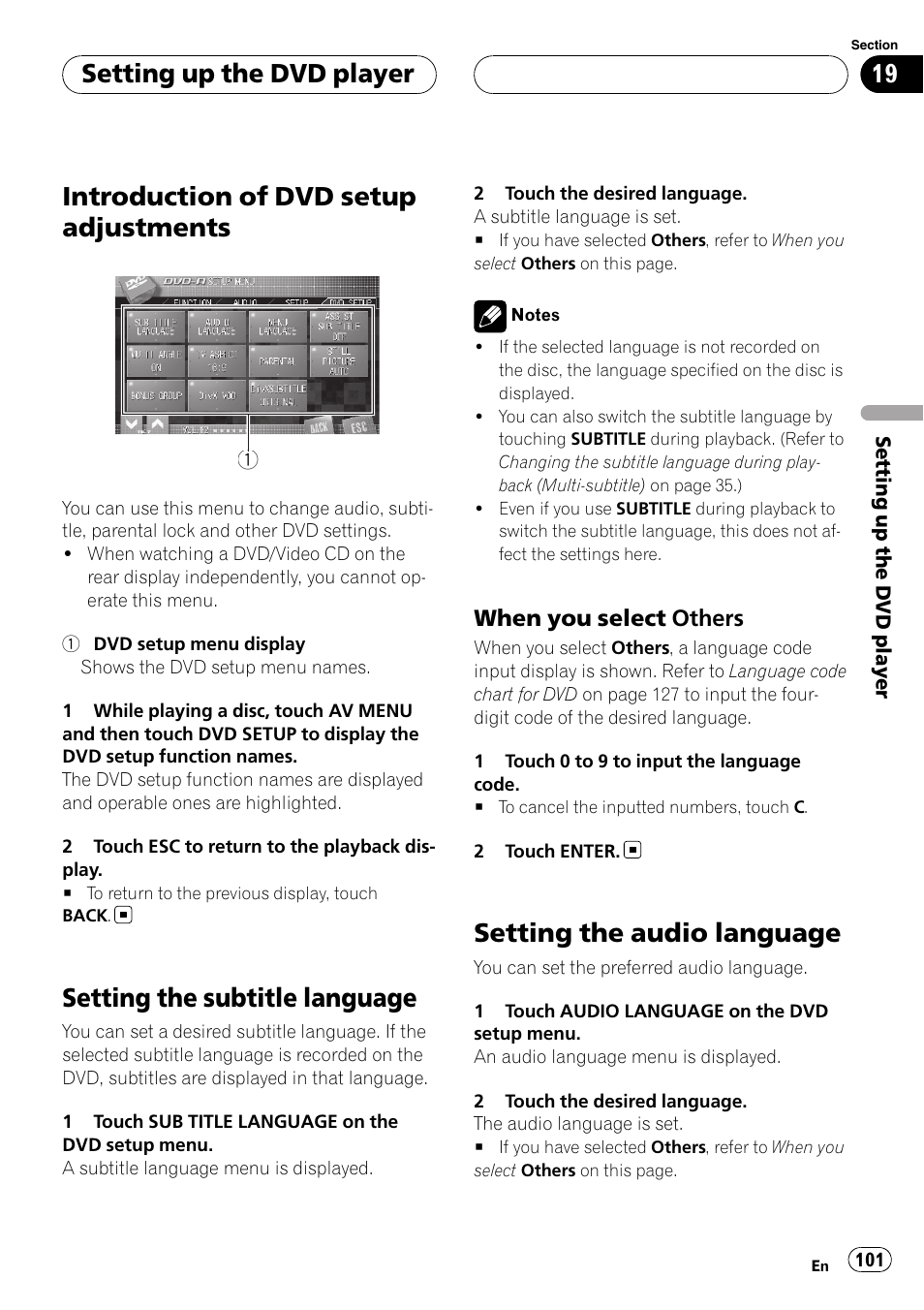 Setting the subtitle language, Setting the audio language, Introduction of dvd setup adjustments | Setting up the dvd player, When you select others | Pioneer AVH-P7900DVD User Manual | Page 101 / 137