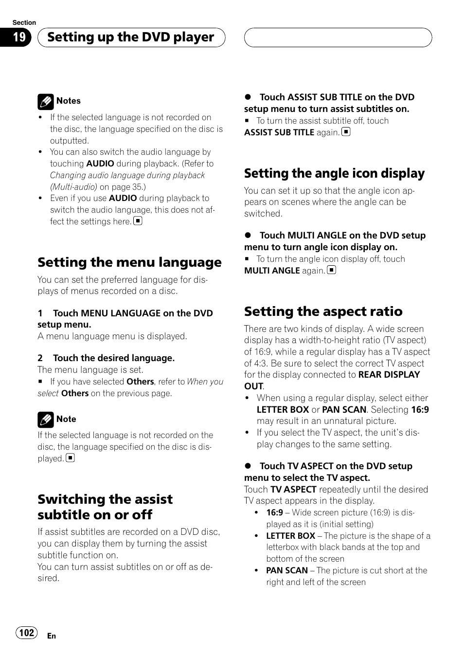 Setting the menu language, Switching the assist subtitle on or off, Setting the angle icon display | Setting the aspect ratio, Setting up the dvd player | Pioneer AVH-P7900DVD User Manual | Page 102 / 137